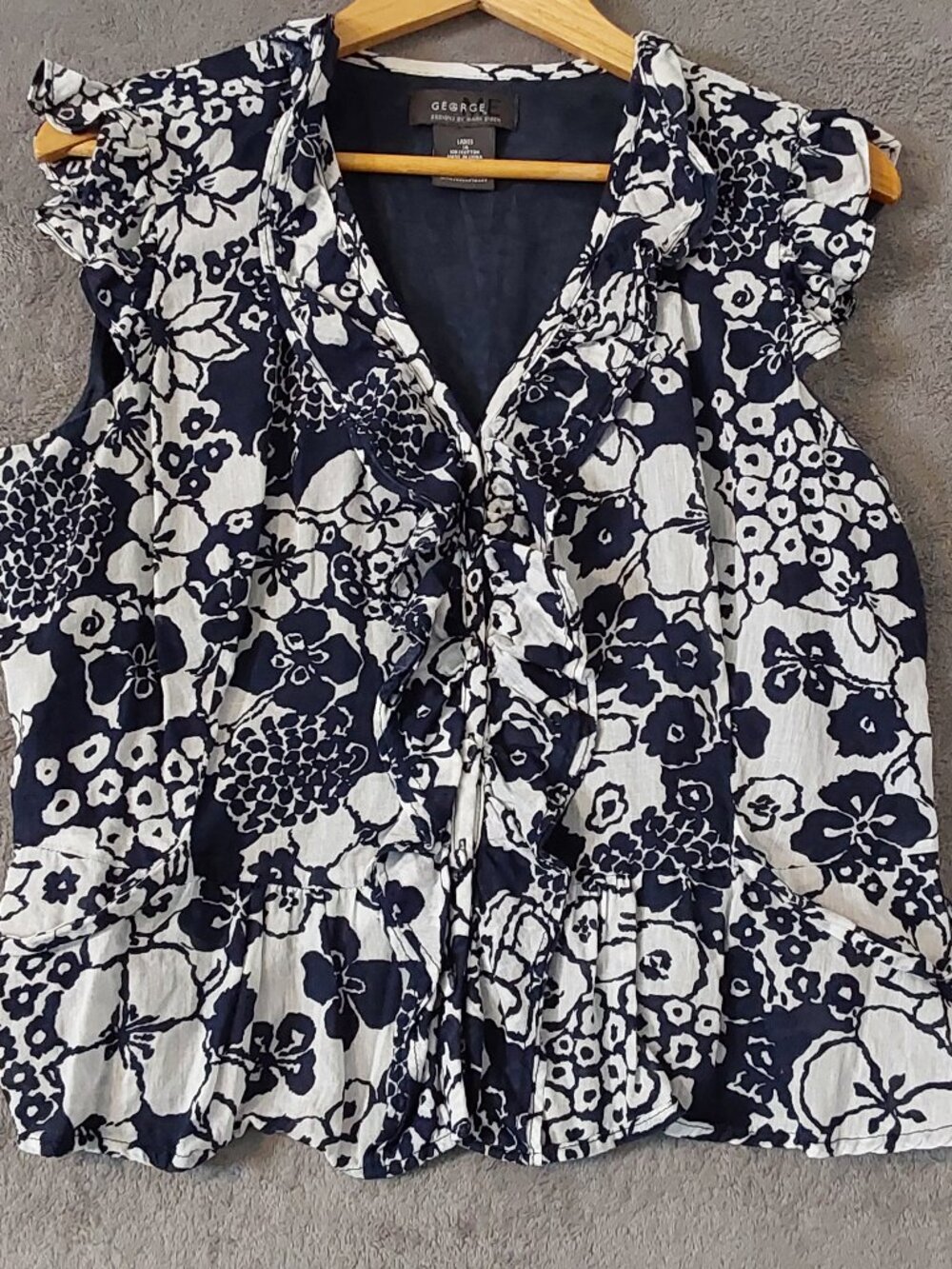 George Navy White Floral Ruffle Blouse Womens 14 Cotton Sleeveless Peplum Top